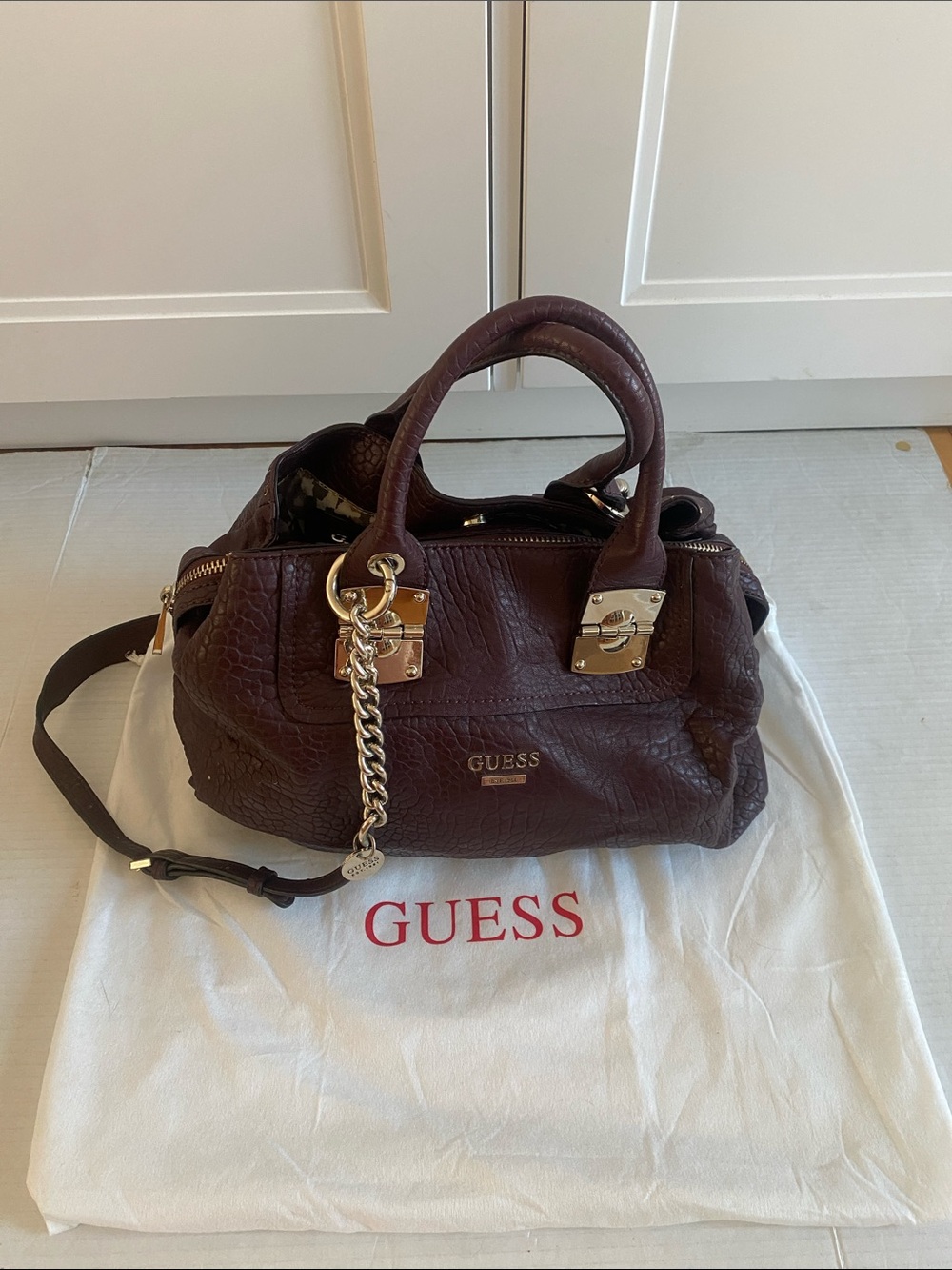 GUESS Burgundy Satchel Bag w Gold-hardware & storage Short & Long adjust straps